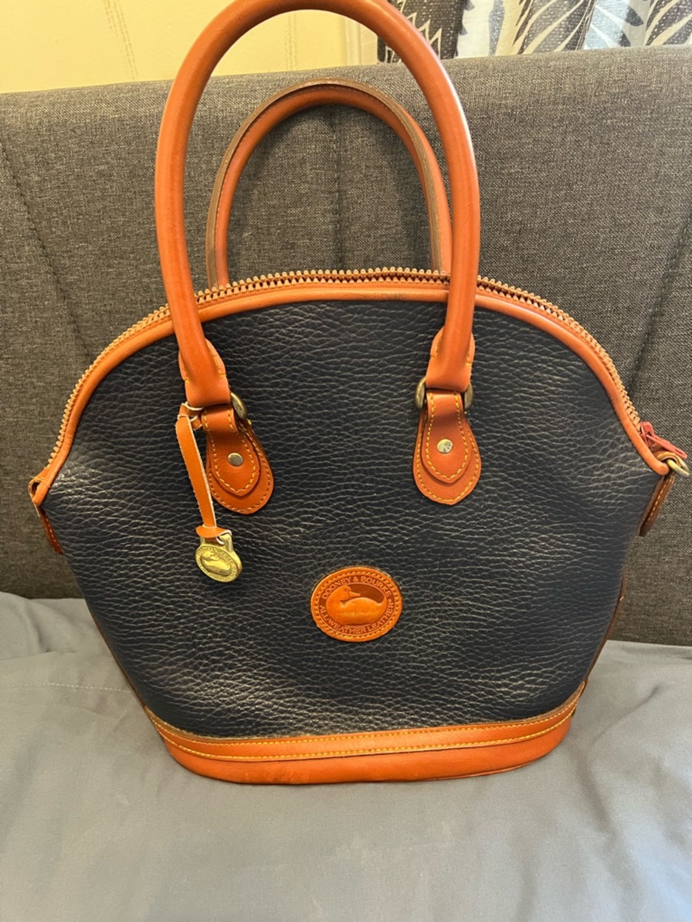 90s Vintage Dooney Bourke AWL Norfolk Domed Case Purse Navy Blue Camel